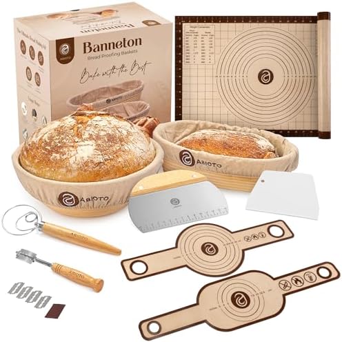 ABIOTO Banneton Baskets with Sourdough Bread Baking Supplies - 17-Piece Kit | Bread Baking Kit for Beginners - Round & Oval Sourdough Proofing Baskets, Liners, Slings, Mat, Lame, Danish Whisk, & Scrapers by ABIOTO
