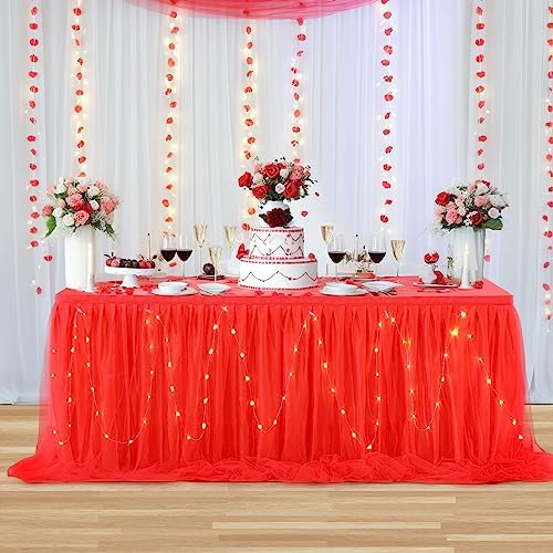 PARTISKY Red Tulle Tutu Table Skirt for Rectangle Tables or Round Table,Led Light String Table Cloth for Boys Girls Baby Shower Party Dessert/Cake Tables - Image 2