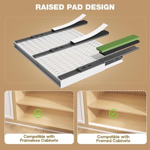 Seinloes Pull Out Cabinet Organizer, 4-Side Expandable to Fit Most Cabinets, 3 Rail Slide Out Drawers with Raising Pad for Framed & Frameless Cabinets, 15"-25" W x 17"-24" D, White, 2 Pack - Image 4