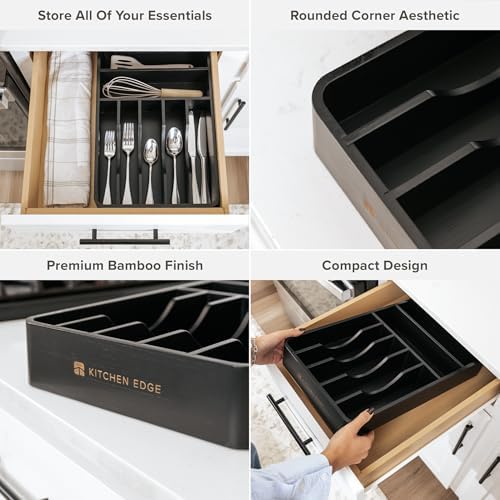 KitchenEdge Silverware & Utensil Organizer, Fixed 10.5 in, Black | Cutlery, flatware holder, rounded corners, 7 compartments, non-slip feet, kitchen drawers - Image 4