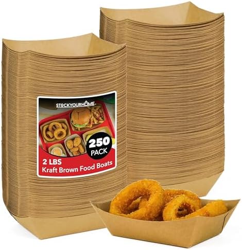 Stock Your Home [250 Pack] Large Disposable Brown Kraft Paper Food Trays, 2-Lb Concession Tray, Serving Boats for Party Snacks, Taco Bar, Seafood, Nachos Plates by StockYourHome
