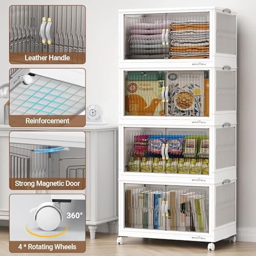 BROVIEW 360Qt Stackable Storage Bins with Lid, Extra Large Closet Organizer Collapsible Drawer Boxes with Wheels, Folding Plastic Cabinet Containers for Home Kitchen Room Organization, 3Pack White - Image 5