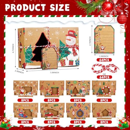 Zhanmai 64 Pcs Christmas Treat Boxes with Window Holiday Kraft Bakery Christmas Cookie Gift Boxes Xmas Pastry Food Containers with Ribbons DIY Tags for Party Favor Gift Giving(Rustic) - Image 2