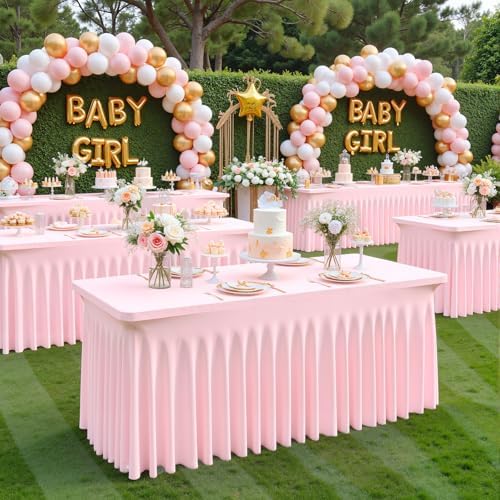 2 Pack Pink Spandex Tablecloths for Rectangle Tables 8 Foot Pink Stretch Table Cloth Rectangle 8ft Elastic Fitted Table Cover with Skirt for Wedding Baby Shower Girl Birthday Party Banquet Buffet - Image 4