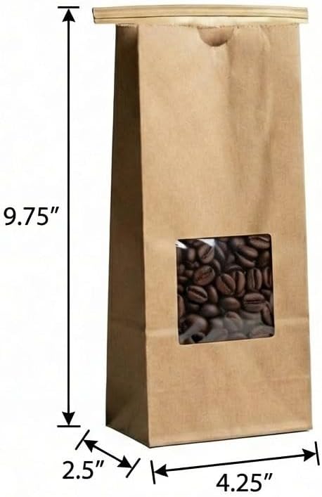 AwePackage Compostable Natural Kraft Paper Tin Tie Bag with Window (100, 14-16 oz) - Image 2
