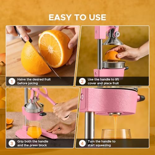 CO-Z Manual Citrus Juicer, Heavy-Duty Manual Juicer with Conical & Flat Pressure Plates, Professional Lemon Squeezer for Orange Pom Lime Lemon Juice, Dishwasher Safe Juice Press, Pink - Image 6
