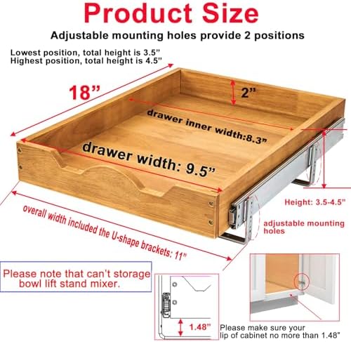 DINDON Pull Out Cabinet Organizer (11" W x 18" D) 1 Tier，Single Tier Oak Wood Under Cabinet Slide Out Shelf Drawer Box… - Image 2