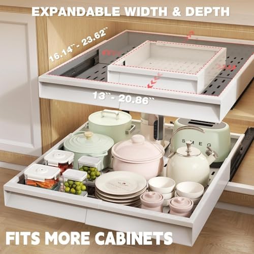Seinloes Pull Out Cabinet Organizer, 4-Side Expandable to Fit Most Cabinets, 3 Rail Slide Out Drawers with Raising Pad for Framed & Frameless Cabinets, 13"-21" W x 17"-24" D, White, 2 Pack - Image 2