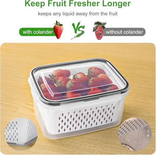 6 PCS Large Fruit storage Containers for Fridge ,Food Storage Containers | with Removable Colander pen and lable Leakproof Dishwasher safe Produce Containers Keep Fruits Vegetables Berry Fresh longer - Image 3