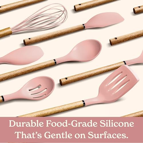 Country Kitchen Non Stick Silicone Utensil Set with Rounded Wood Handles for Cooking and Baking, 8 Piece Set, Pink - Image 4
