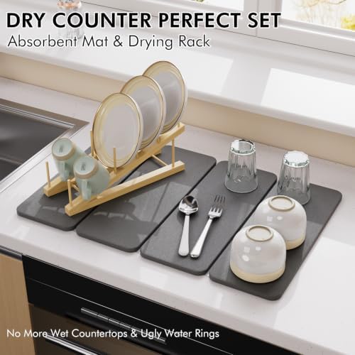 Stone Dish Drying Mat for Kitchen Counter, 24x16 Inch Super Absorbent Diatomaceous Earth Dish Drying Mat with Bamboo Dish Rack, Collapsible Fast Dry Drying Mat for Utensils Dishes Cups - Image 2