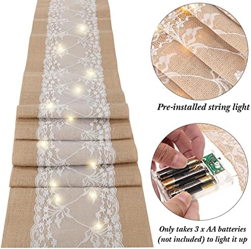 Xinnun 6 Pcs Burlap Table Runner with Lights 12 x 108 Inches Burlap Lace Table Runner Rustic Wedding Decorations Home Party (Vine) - Image 2