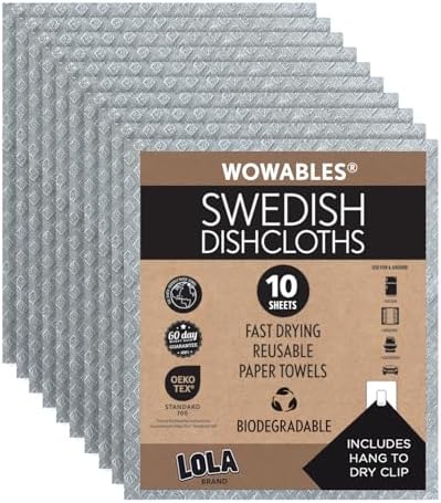 LOLA Swedish Dishcloths for Kitchen 10 Sheets, Biodegradable & Compostable Reusable Paper Towel Cleaning Cloths No Odor Washing Dishes Ultra Absorbent Cellulose Sponge Towel Made in Germany by LolaProducts