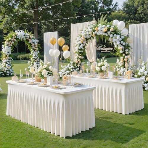 Besutolife 4 Pack Ivory Spandex Tablecloth for 8ft Rectangle Tables Fitted Table Cloth Stretch Table Covers Skirt 8ft Rectangular Tablecloths for Banquet Parties Wedding Decorations - Image 2