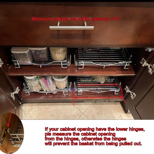 DINDON 1 Tier Pull Out Cabinet Organizer (14" W x 18" D) Heavy-Duty Metal Sliding Drawer Shelf, Slide Out Wire Basket for Kitchen Cabinets, Pantry, Bathroom, Chrome Finish… - Image 3