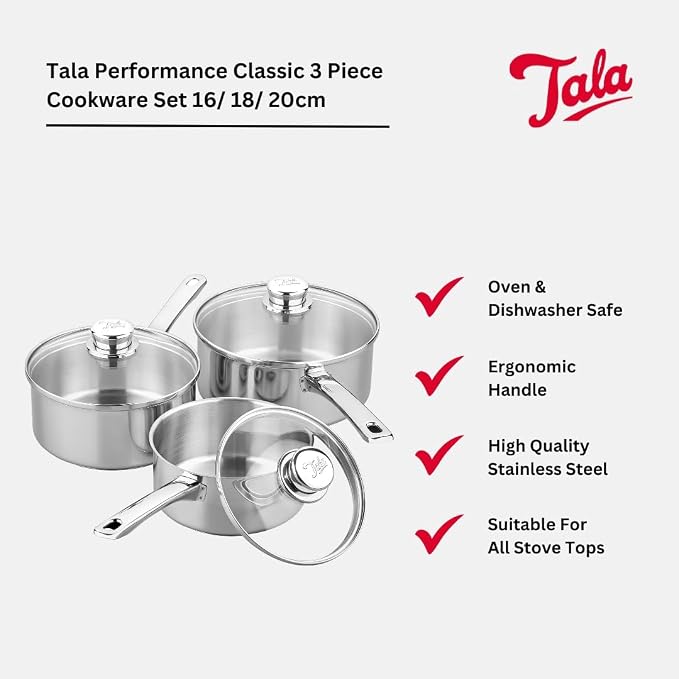 Tala Performance 3 Piece Stainless Steel Cookware Set, Saucepans with Glass lids, 16, 18 20cm. Made in Portugal, Guarantee, Suitable for All hob Types Including Induction Polished Mirror Shine Finish - Image 2