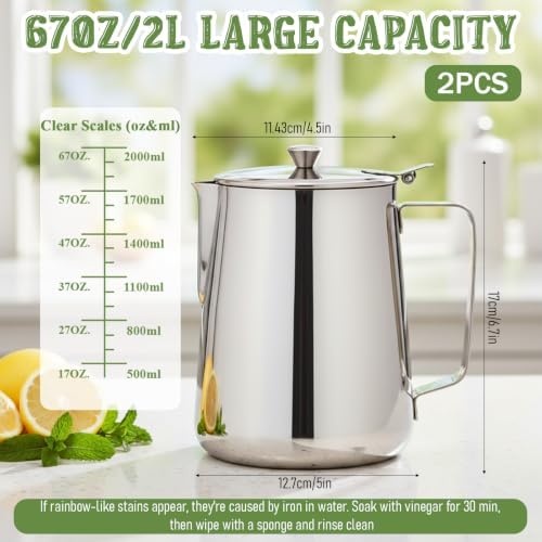 2 Pcs Stainless Steel Pitcher with Lid, 67 oz Silver Metal Measuring Cup with Dual Scale Markings, Milk Frothing Jug for Espresso Machines & Latte Art - Image 2