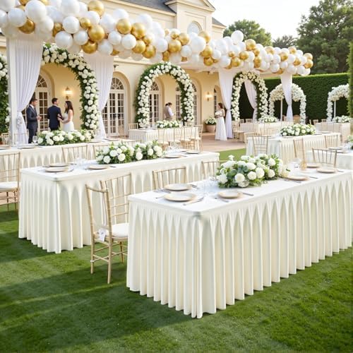 8 Pack Ivory Rectangle Tablecloth 8 FT Stretch Spandex Fitted Table Cloth for 8 Foot Rectangle Tables Banquet Tablecloths Wrinkle Free Table Cover Skirt Ruffle Tablecloth for Party Wedding Birthday - Image 2