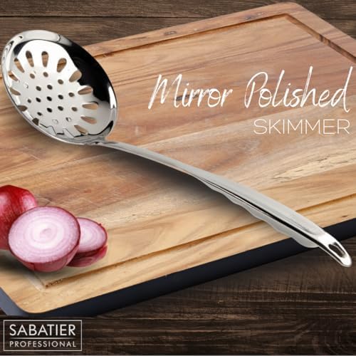 Sabatier Professional Large Metal Skimmer - Mirror Polished Stainless Steel Cooking Spoon for Draining Frying Oil, Serving Boiled Veg Or Pasta. Strong Construction. 5 Year Guarantee, Dishwasher Safe - Image 2