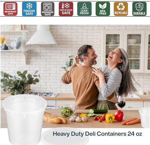 24oz [50 set] Heavy Duty Plastic Deli Container | BPA-Free Food Storage with Airtight Leak‑Proof Lids | Microwave, Freezer & Dishwasher Safe – Stackable, Bulk Reusable Soup & Meal Prep Tub - Image 4