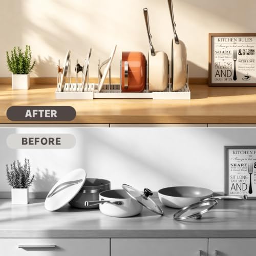 Magheo 2 Pack Pots and Pans Organizer Under Cabinet, Expandable 12.6"-22.8" Kitchen Cabinet Organizer Holder with 10 Adjustable Dividers for Food Storage Container Lid, Cookie Sheet, Cookware(White) - Image 6