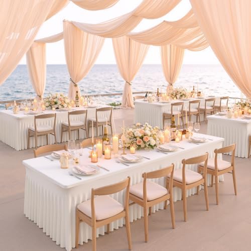 CO-AVE 4pack Ivory Spandex Tablecloths 8ft for Rectangle Tables, Wrinkle Free Classy Table Skirt Stretchy 8 Foot Fitted Table Cloths Covers for Weddings Birthday Party Events Banquette Baby Shower - Image 3
