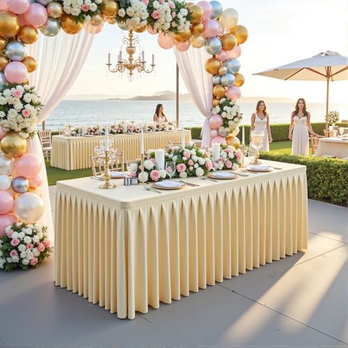 6 Pack Beige Rectangle Tablecloth 8 FT Stretch Spandex Fitted Table Cloth for 8 Foot Rectangle Tables Banquet Tablecloths Wrinkle Free Table Cover Skirt Ruffle Tablecloth for Party Wedding Birthday - Image 3