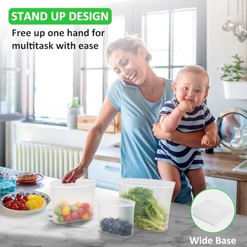 100% Platinum Silicone Reusable Storage Bags, 12 Pack, Premium Silicone Food Storage Bag Stand-Up Wide-Mouth Zip-Lock, Microwave Dishwasher Safe, 4 M + 4 S + 4 XS, Crystal-Clear - Image 5