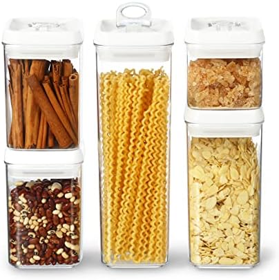 Felli Flip Tite Storage Container with Lid 4" Airtight Ring Seal Top, Stackable Acrylic Canister Jar Set for Kitchen Pantry Organizer, Food Spice Pasta Snack (5pk, Variety) by Felli
