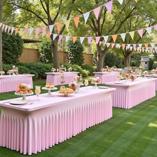 2 pk Baby Pink Spandex Tablecloth 8ft With Ruffled Table Skirt, Wrinkle Free Stretchy Fitted Tablecloths for 8 Foot Rectangle Tables, Elastic Spandex Table Covers for Weddings Parties Banquet - Image 6