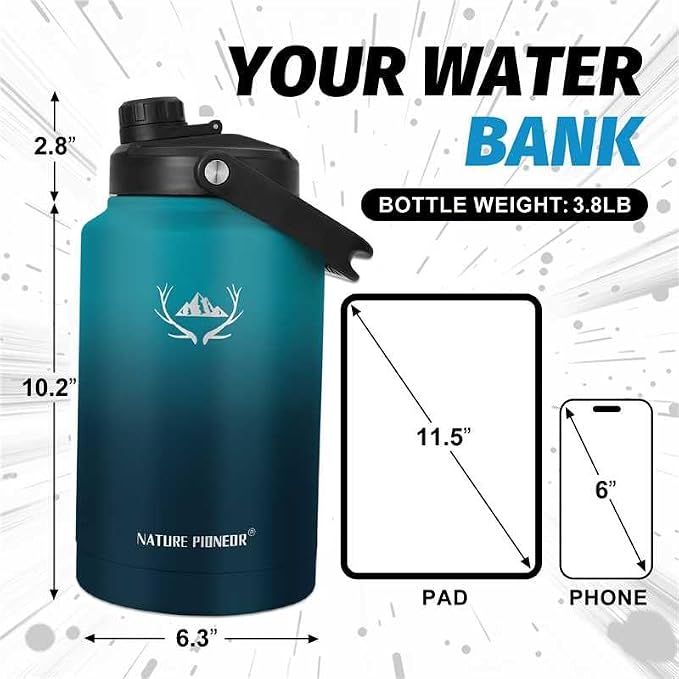 NATURE PIONEOR 1 Gallon (128oz) Insulated Water Bottle Jug with Carrier Bag | 18/8 Food-grade Stainless Steel, Double Vacuum Insulation, Wide-Mouth, Straw & Spout Lid, Strap, Camping, Hiking, Gym, Work - Image 2