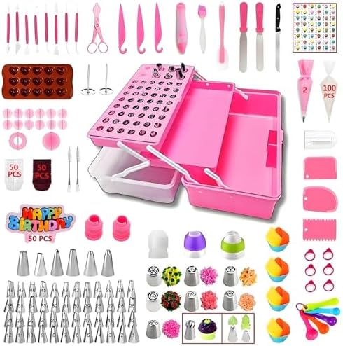 Cake Decorating Kit, 387 Pcs Baking Supplies (Pink) | 56 Icing Tips, 8 Russian+Ball Tips, 3 Spatulas, 5 Couplers, 8 Carved Pens, 102 Pastry Bags, Storage Box & More by YOQXHY