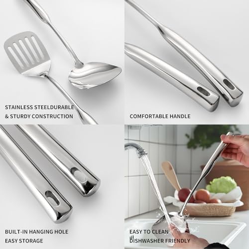 Izurok Kitchen Utensil Set, 9-Piece Cooking Utensil Set,Include 304 Stainless Steel Spatula Skimmer, Soup Ladle, Spaghetti Server,Slotted & Solid Spoon, Slotted Spatula Turner, Meat Fork(Silver） - Image 3