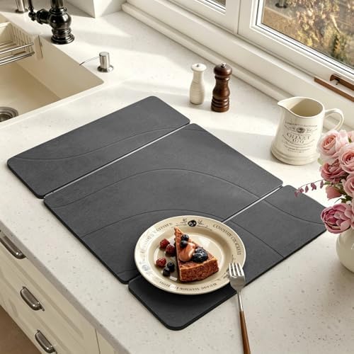 Large Stone Drying Mat for Kitchen Counter, 24"x16" Collapsible Quick Dry Dish Drying Mat, Water-Absorbent Marble Diatomaceous Earth Mats for Bottles Cups Dishes, Match Any Countertop - Image 2