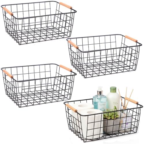 Metal Black Wire Basket,Food Storage Basket Organizer with Wooden Handles for Organizing,pantry and organizers Kitchen Cabinets Shelf potato onion, 4 Packs-Black by HDYOUDO
