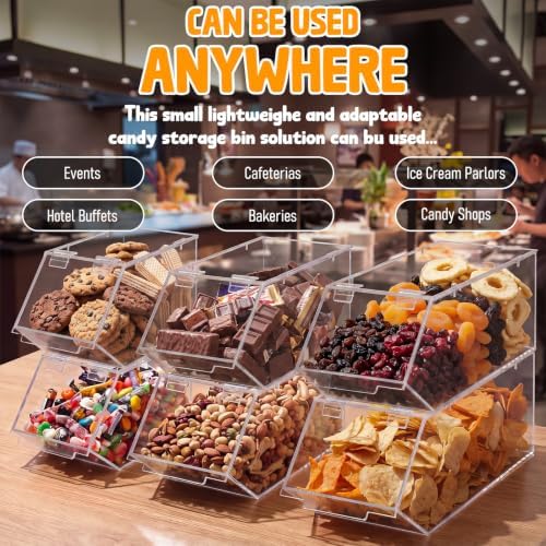 2 Sets/6 Pcs Stackable Candy Bins with Hinged Lid Small Medium Large Clear Acrylic Storage Bins Stackable Pantry Storage Caddy for Cereal Nuts Candies Snack Ice Cream Toppings, Wrapped Snacks - Image 6