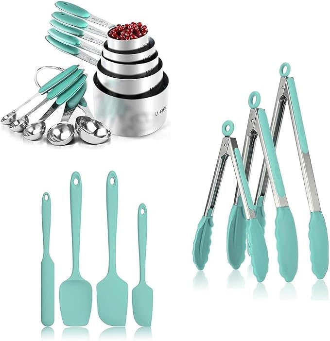 U-Taste Silicone Spatula Set; Kitchen Tongs, 7/9/12 inches, Pack of 3 and 18/8 Stainless Steel Measuring Cups and Spoons Set of 10 Piece (Aqua Sky) by U-Taste