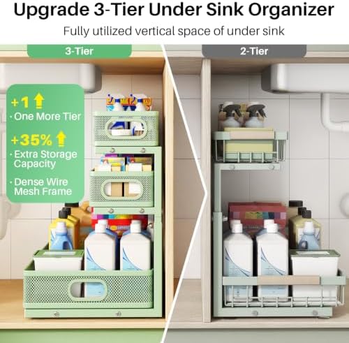 Kitstorack Under Sink Organizer, 2-Pack 3-Tier Height Adjustable Thickened Metal Pull out Cabinet Organizer Shelf, Slide out Storage Drawer Rack for Bathroom Kitchen Pantry Home Organization, Green - Image 3