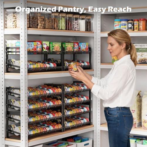 iSPECLE Can Storage Organizer Pantry - Expandable Width, Holds 96 Cans | Adjustable Width for Soda and Food Cans, For Pantry Shelf Storage & Easy Restocking, Self-Rolling Stackable Metal Rack - Image 2