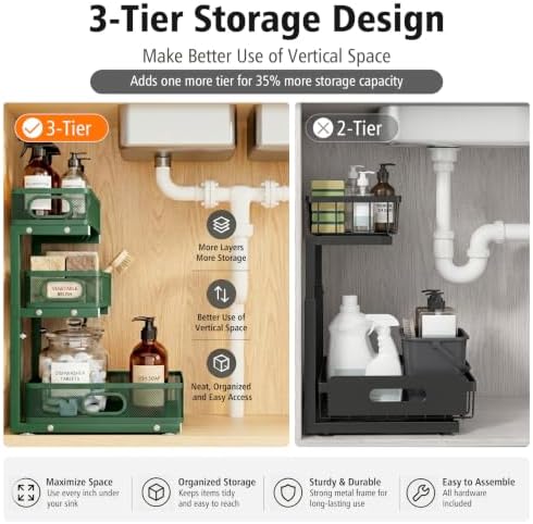 Under Sink Organizer, 3-Tier Sliding Drawers, 2-Pack Forest Green - Image 5