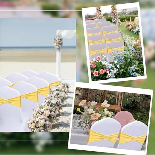 Yellow Chair Sashes Bows 30 Pack Stretch Yellow Sashes for Chairs Elastic Chair Sashes Bands with Heart Buckle Slider for Banquet Wedding Party Decorations - Image 6