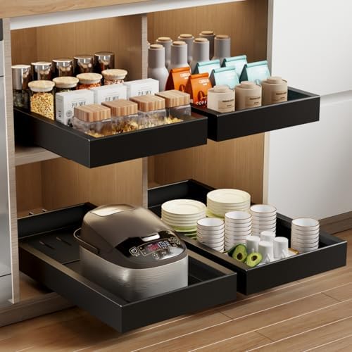 Mustorn 2 Pack Pull Out Cabinet Organizer,21.8" Deep Slide Out Drawer for Cabinets Adhesive Pull Out Drawers Heavy Duty Pull Out Shelves for Kitchen,Cupboard,Pantry,Bathroom-Black by MUSTORN
