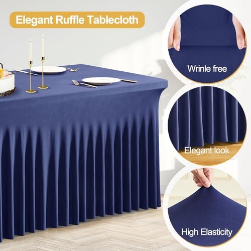 PARTISKY 4 Pack Navy Blue Table Cover for Rectangle Tables 8ft,One-Piece Spandex Elastic Table Cloth with Skirt for Wedding Folding Table Banquet Baby Shower & Birthday Parties - Image 3