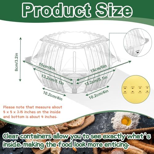 25 Pack 6x6in Clear Plastic Hinged Clamshell Takeout Containers with Lids - Image 2