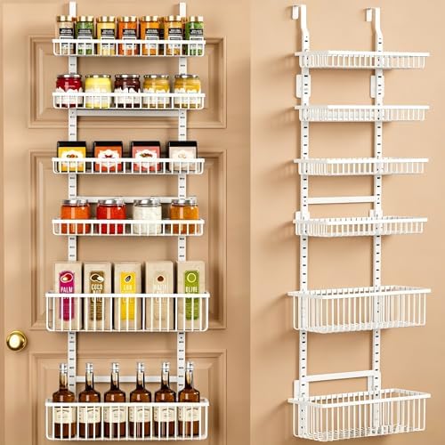Moforoco Adjustable Over the Door Organizer, Metal Hanging Door Organizer with 5 Wire Basket 7 Hooks, Wall Mounted Shelf for Pantry Laundry Organization and Storage, White by MOFOROCO