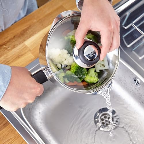 Judge Vista Draining Stainless Steel Large Saucepan with Pouring Lip 18cm 2.1L, Shatterproof Glass Strain & Pour Lid, Induction Ready, Oven Safe - Image 4