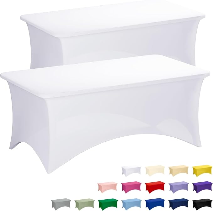Fixwal 2 Pack 6FT White Tablecloth Rectangle Spandex Fitted Table Cover by Fixwal
