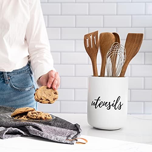STYLED SETTINGS White Utensil Holder for Countertop, White & Silver | Rustic Farmhouse Organizer for Extra Large Utensils, Heavy and Durable Utensil Holder for Farmhouse - Image 2