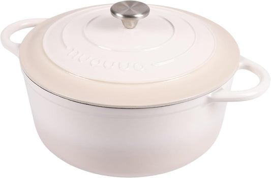 Nuovva Enamelled Cast Iron Dutch Oven Pot with Lid 6.4 Quart Non Stick Casserole Pot – Heavy Duty & Oven Safe up to 500° F for Bread Baking, Braising, Stews, Roasting – 28cm Oyster