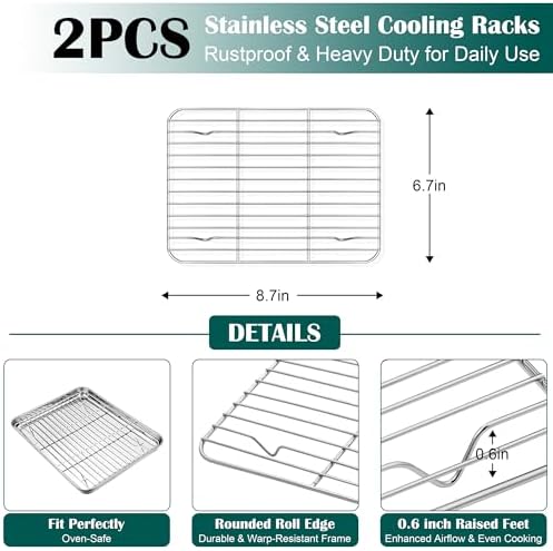 E-far Small Baking Sheet with Wire Rack (2 Pans + 2 Racks), Stainless Steel Cookie Sheets Trays & Cooling Rack for Toaster Oven, Non Toxic & Warp Resistant, Oven & Dishwasher Safe, 9.4 x 7.3 x 1 Inch - Image 3